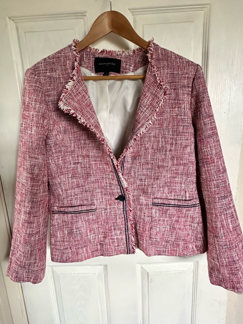 Banana Republic Pink Tweed Fringe-Trim Blazer